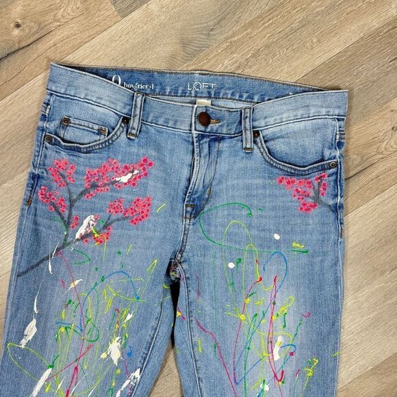 Loft Hand Painted Boyfriend Jeans Blue Multi 0 Ankle Cherry Blossom Custom - Picture 4 of 13